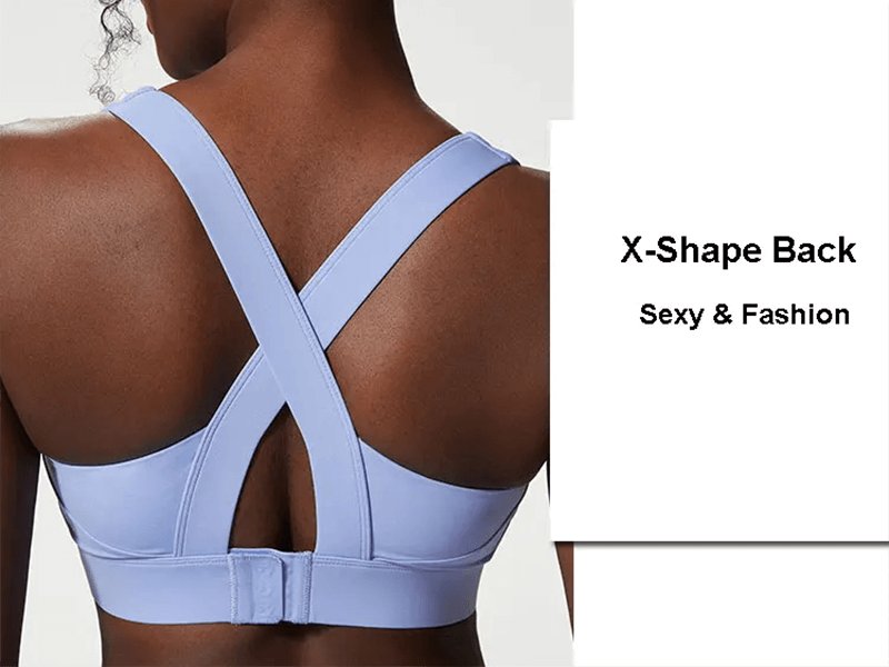 Back view of blue sports bra with X-shape design, showcasing versatility and style for activewear enthusiasts.